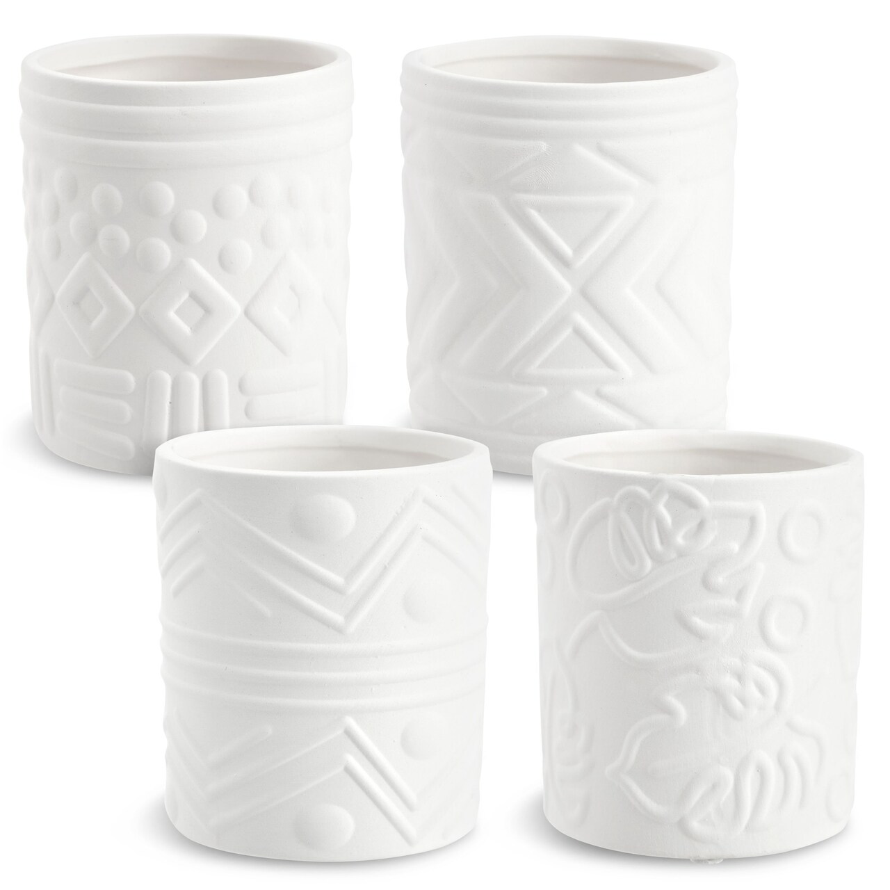 Set of 4 Paint Your Own Cactus Succulent Planters - Blank Paintable Flower Pots with Drainage Holes, Rubber Plugs, 15 Sticker Pot Pads - Ceramics Pottery to Paint for Adults (4 Designs)